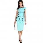 Bodycon Pencil O-Neck Knee Length Dress Light Blue