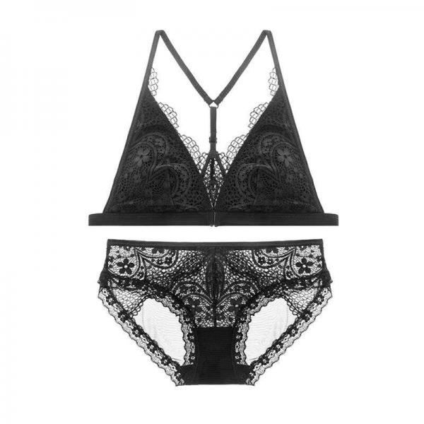 Dark Angels Sexy French Bandage Lace See Through Women Bra And Brief Set - Blue