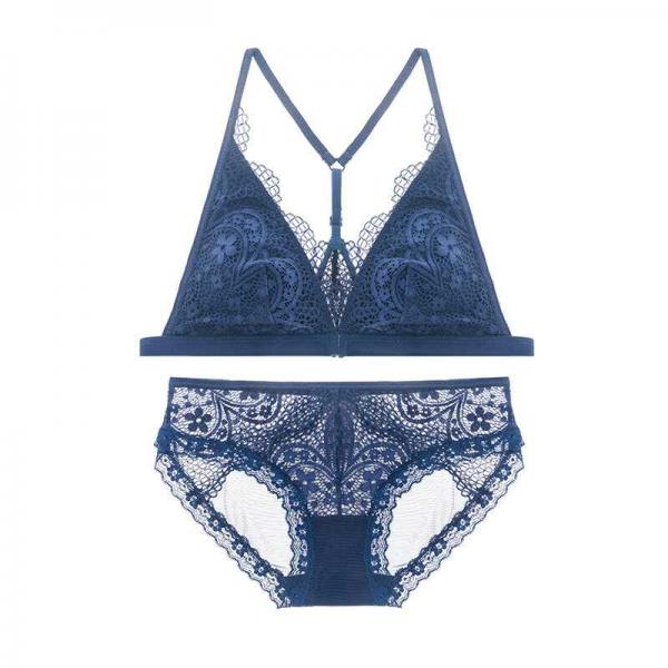 Dark Angels Sexy French Bandage Lace See Through Women Bra And Brief Set - Blue