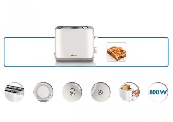 Philips Daily Collection 800W 2 Slot Compact Toaster White - HD2595/00