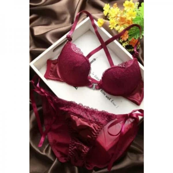 Dark Angels Sexy Lace Bra & Brief Set European Style - Padded Maroon