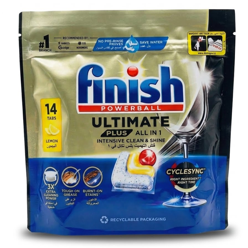 Finish Powerball Ultimate Plus All in One Dishwasher Tablets With Lemon Sparkle – 14 Tabs Pack